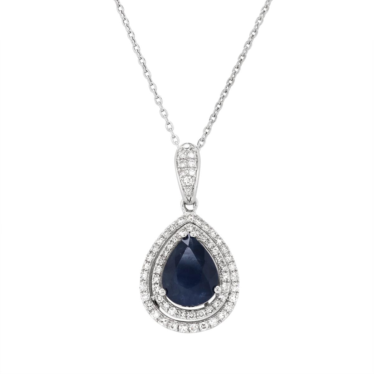 WHITE GOLD PEAR SHAPED SAPPHIRE PENDANT NECKLACE, .28 CT TW