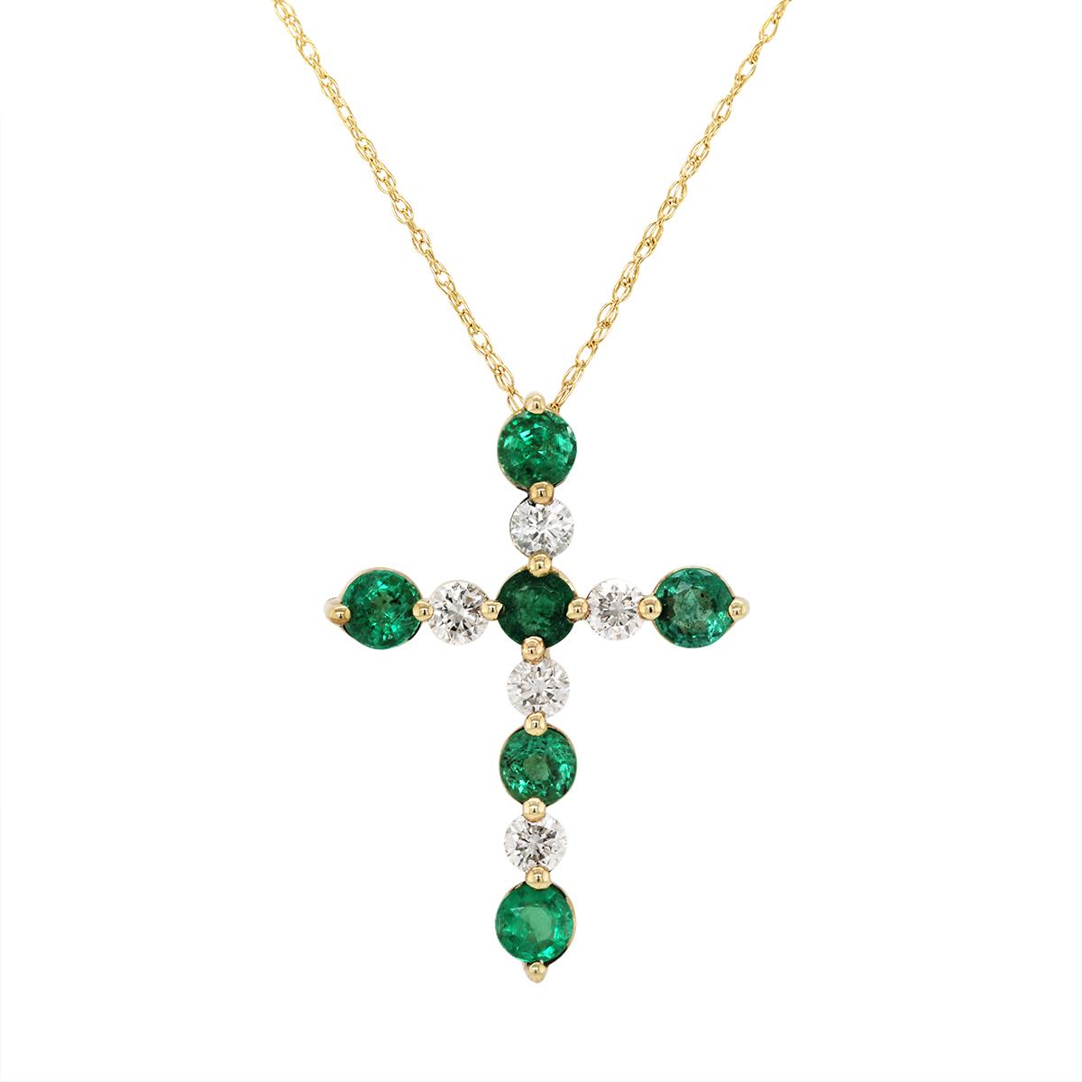 YELLOW GOLD EMERALD AND DIAMOND CROSS PENDANT, .26 CT TW