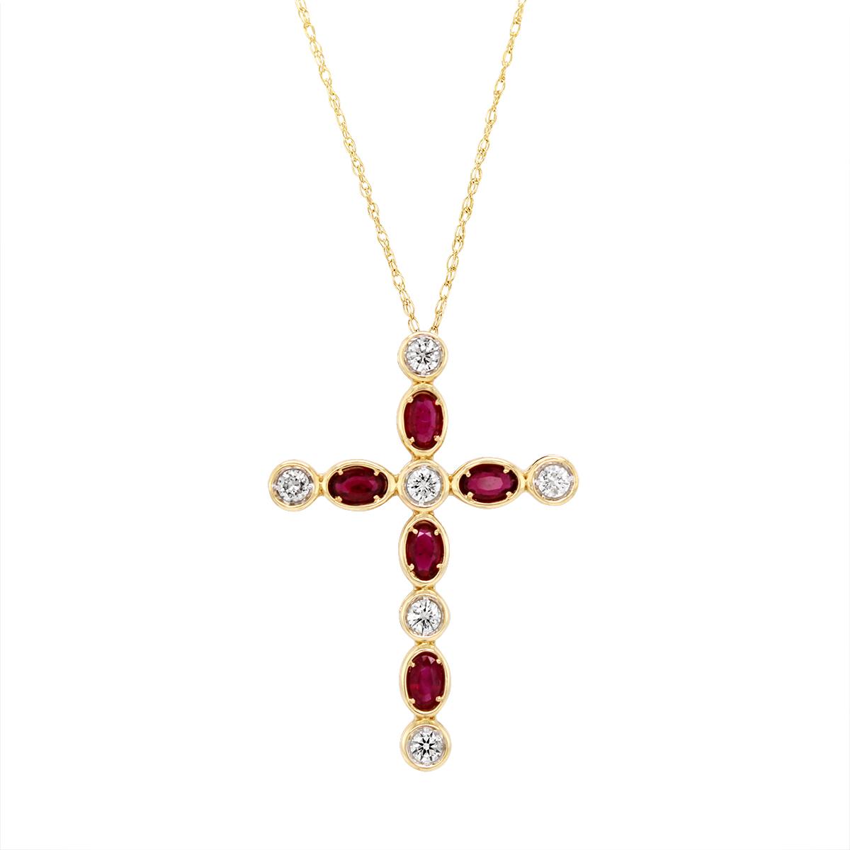 YELLOW GOLD RUBY AND DIAMOND CROSS PENDANT NECKLACE, .72 CT TW