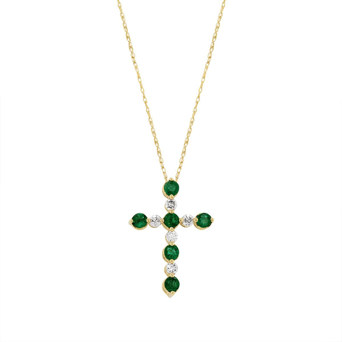 YELLOW GOLD EMERALD AND DIAMOND CROSS PENDANT, .15 CT TW