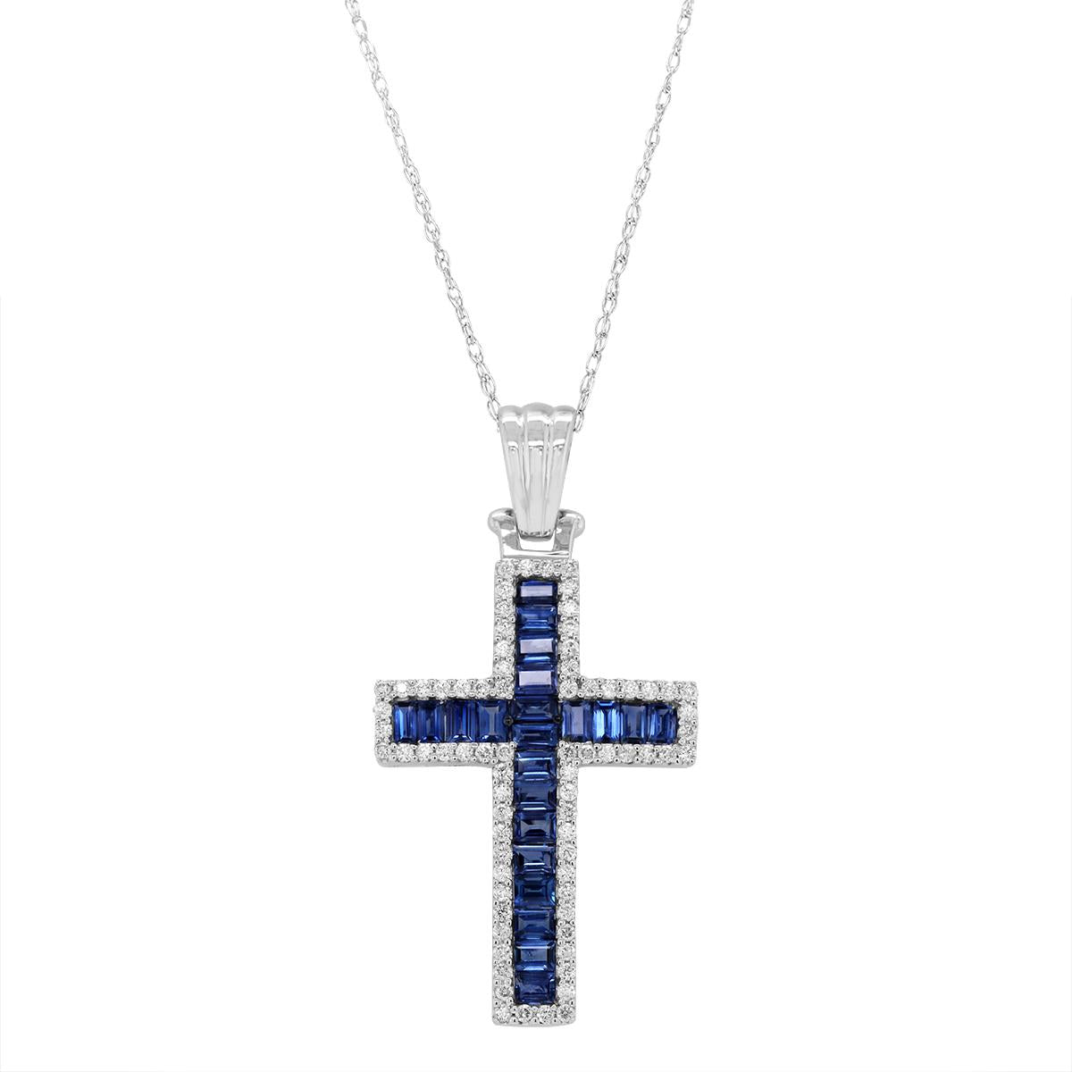 WHITE GOLD BAGUETTE SAPPHIRE AND DIAMOND CROSS, .49 CT TW