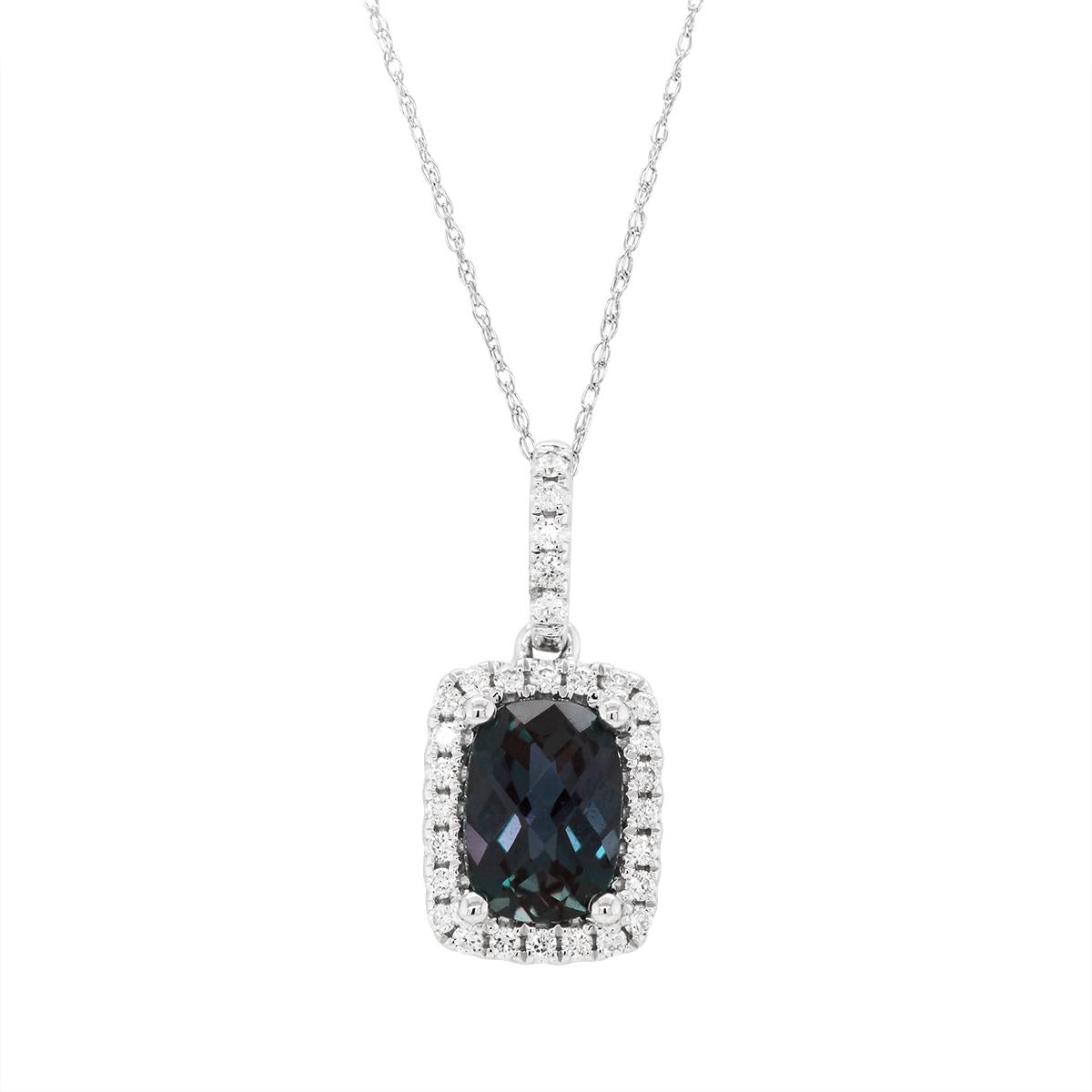 WHITE GOLD LAB GROWN ALEXANDRITE DIAMOND HALO NECKLACE, .12 CT TW