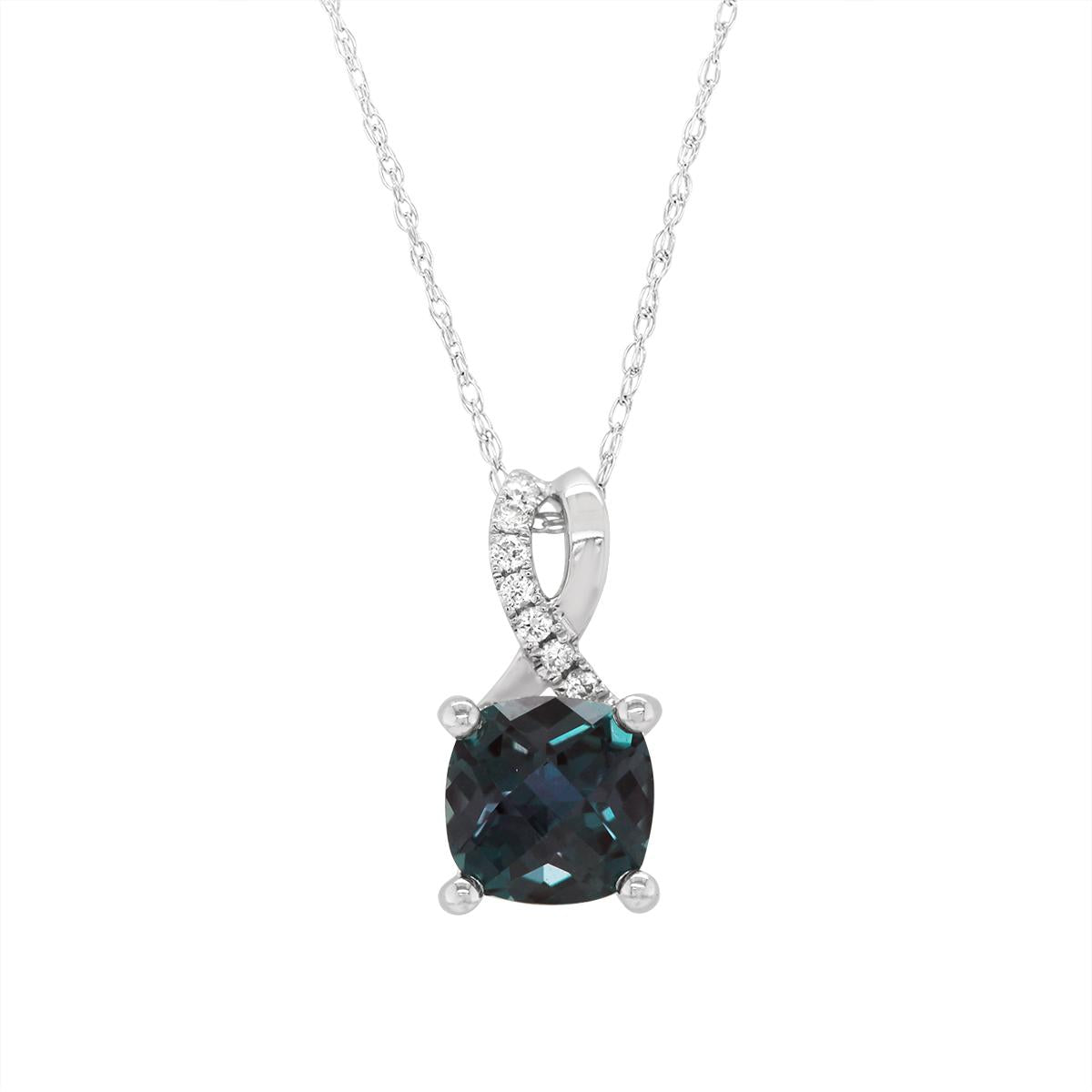 WHITE GOLD LAB GROWN ALEXANDRITE AND DIAMOND NECKLACE, .04 CT TW