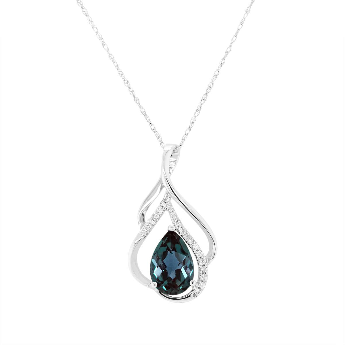 WHITE GOLD LAB GROWN PEAR ALEXANDRITE AND DIAMOND NECKLACE, .05 CT TW