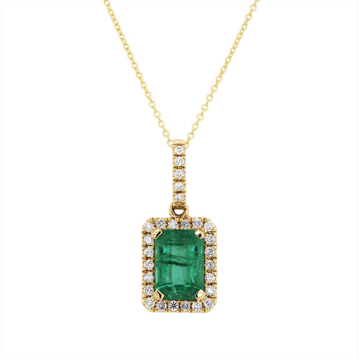 YELLOW GOLD EMERALD AND DIAMOND NECKLACE, .14 CT TW