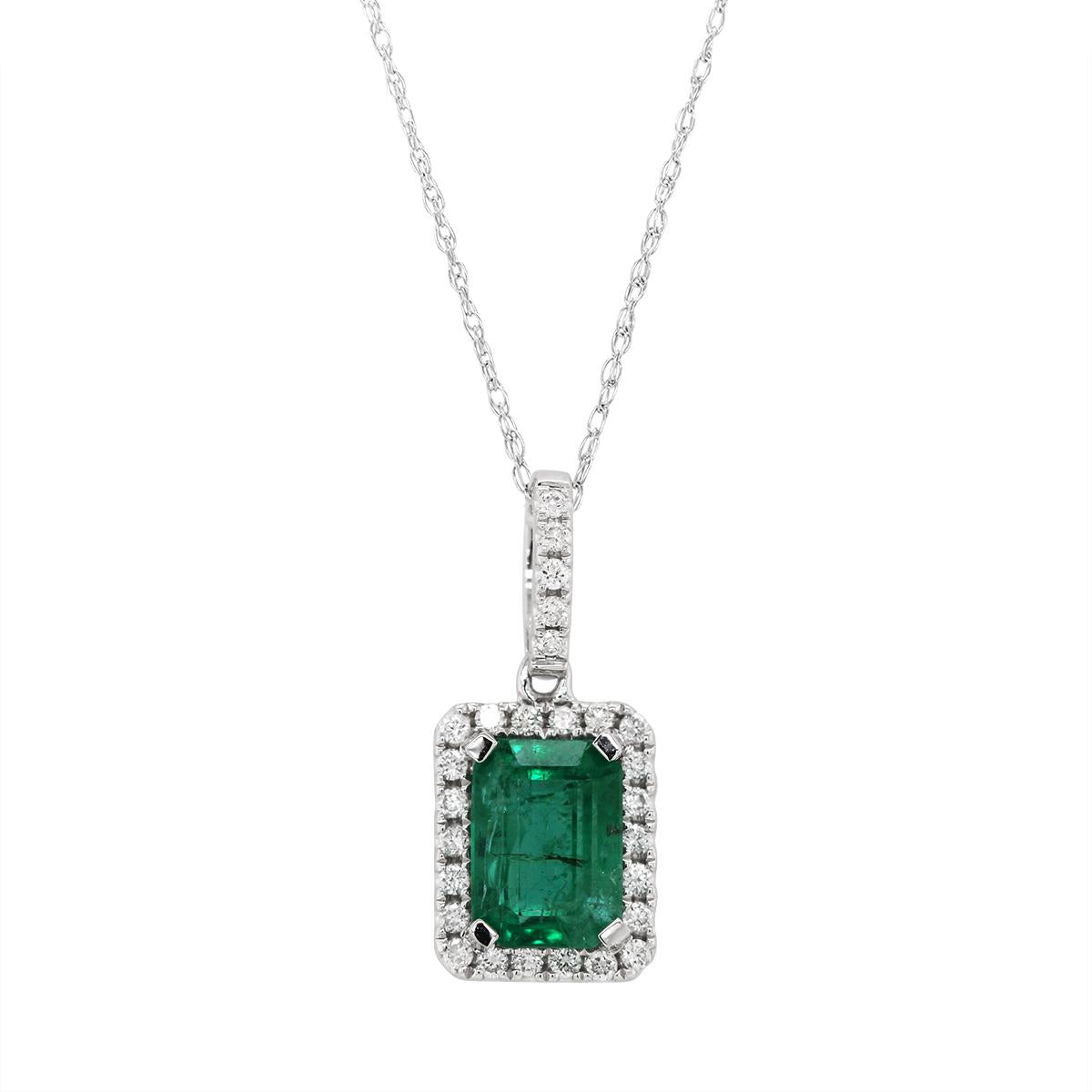 WHITE GOLD EMERALD AND DIAMOND HALO PENDANT, .12 CT TW