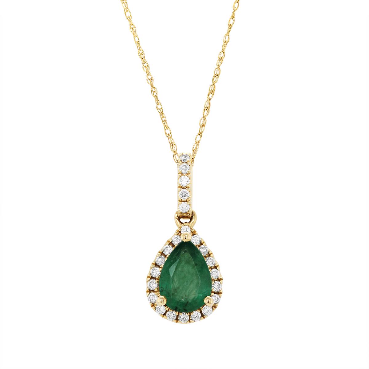 YELLOW GOLD PEAR EMERALD AND DIAMOND HALO PENDANT, .11 CT TW