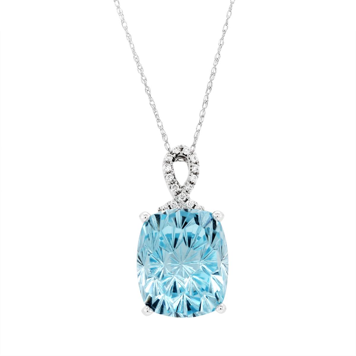 WHITE GOLD FANCY BLUE TOPAZ AND DIAMOND PENDANT, .05 CT TW