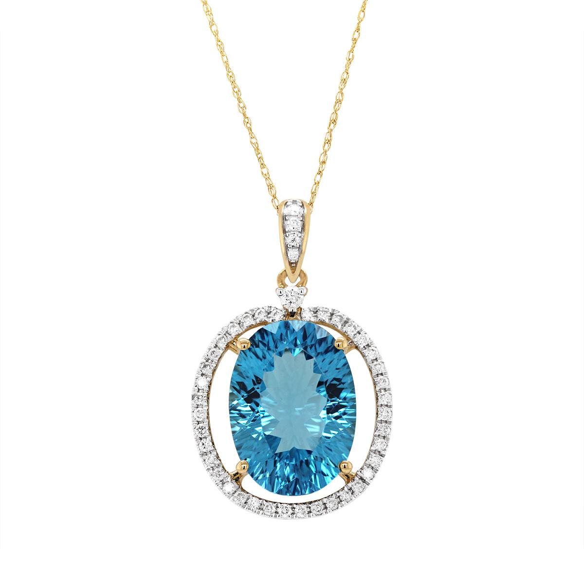 YELLOW GOLD FANCY BLUE TOPAZ AND DIAMOND NECKLACE, .24 CT TW