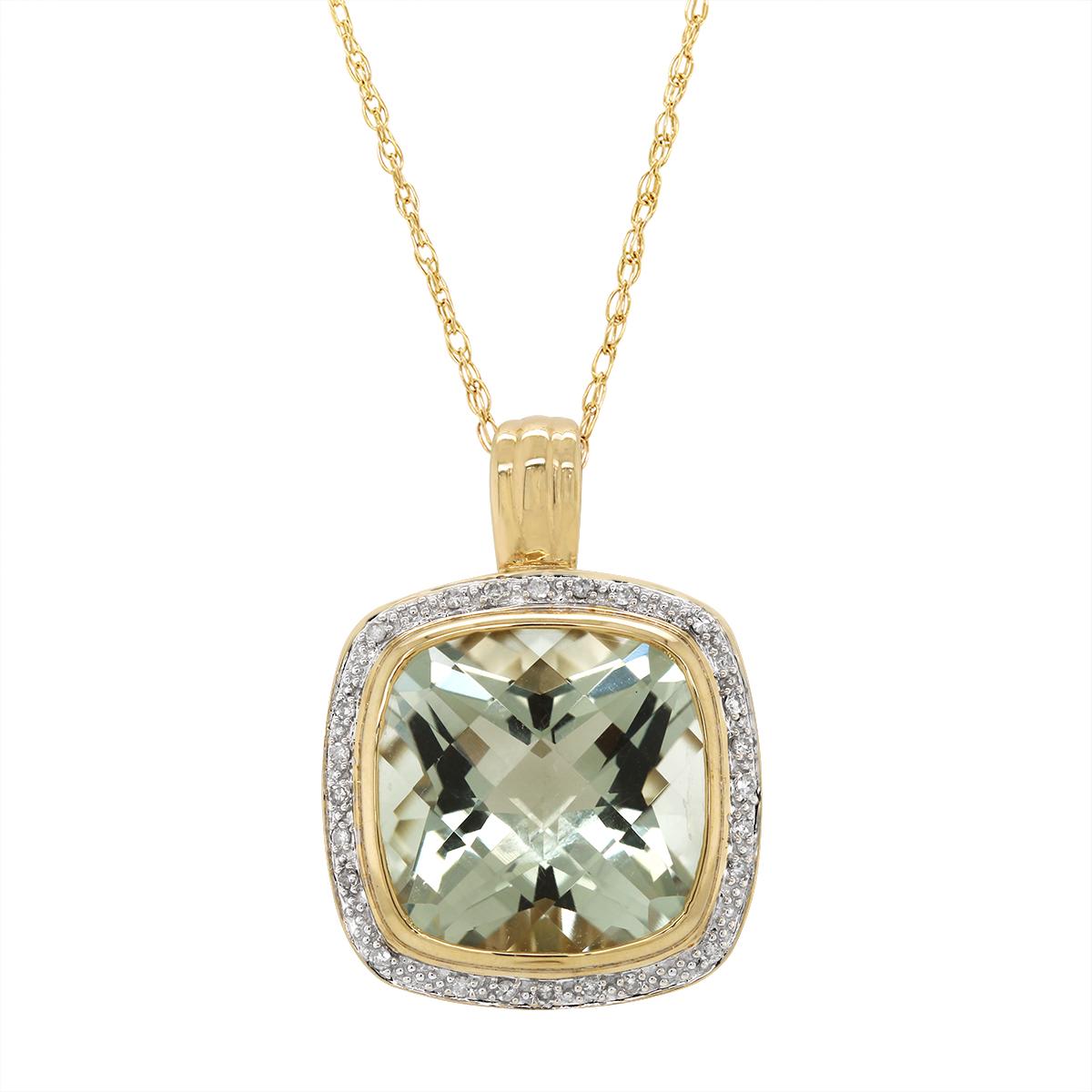 YELLOW GOLD GREEN AMETHYST AND DIAMOND PENDANT, 1/5 CT TW