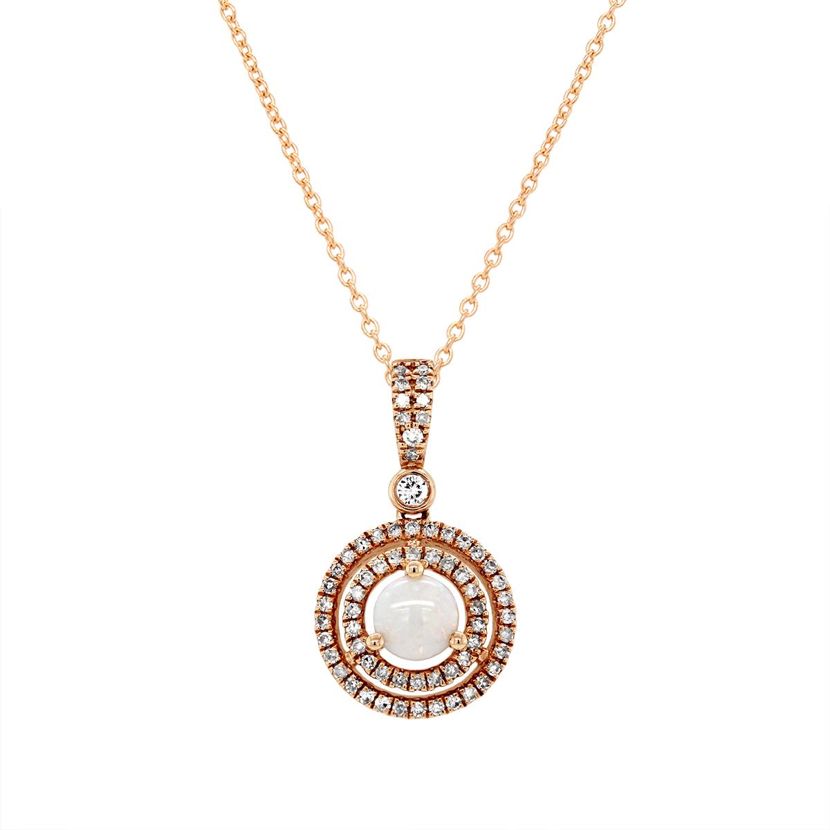 ROSE GOLD OPAL PENDANT WITH DOUBLE DIAMOND HALO, .28 CT TW