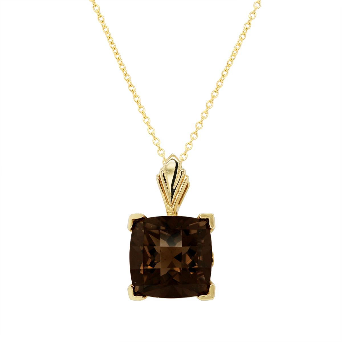 YELLOW GOLD CUSHION SHAPED SMOKY QUARTZ PENDANT