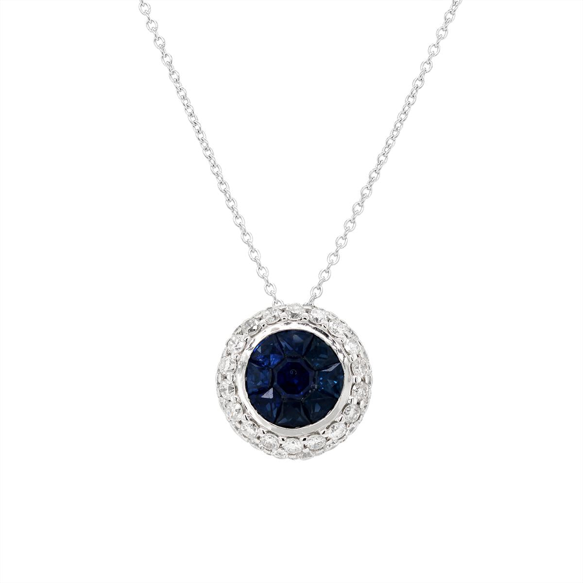 WHITE GOLD SAPPHIRE CLUSTER PENDANT WITH DIAMOND HALO, .40 CT TW