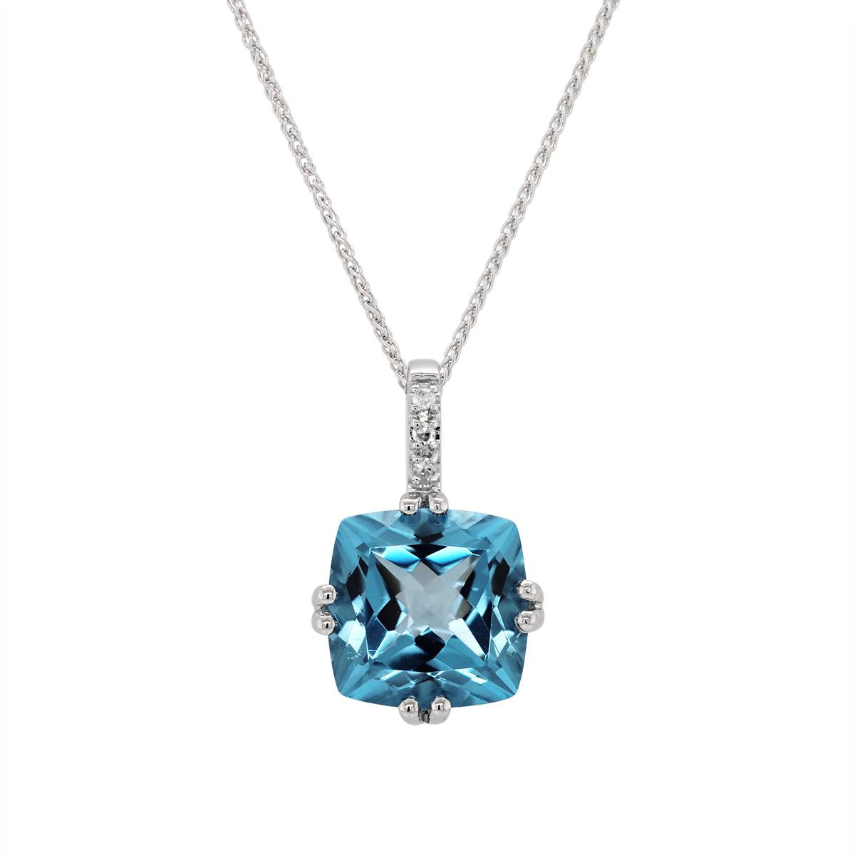 WHITE GOLD CUSHION BLUE TOPAZ AND DIAMOND NECKLACE, .01 CT TW