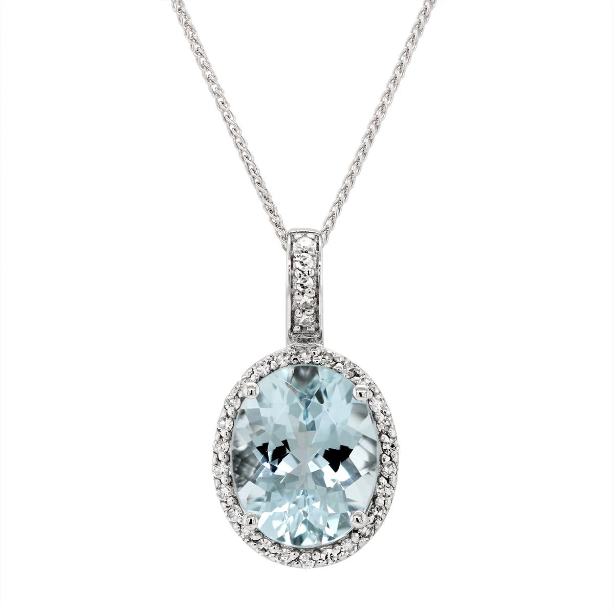 WHITE GOLD OVAL AQUAMARINE PENDANT WITH DIAMOND HALO, .12 CT TW