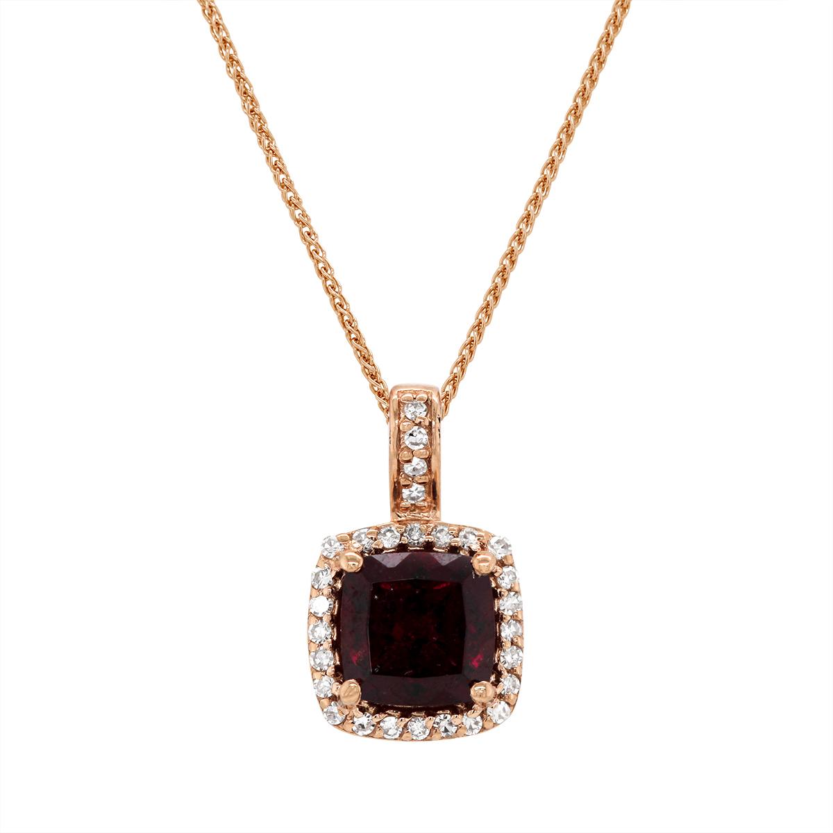 ROSE GOLD RHODOLITE GARNET PENDANT WITH DIAMOND HALO, .11 CT TW