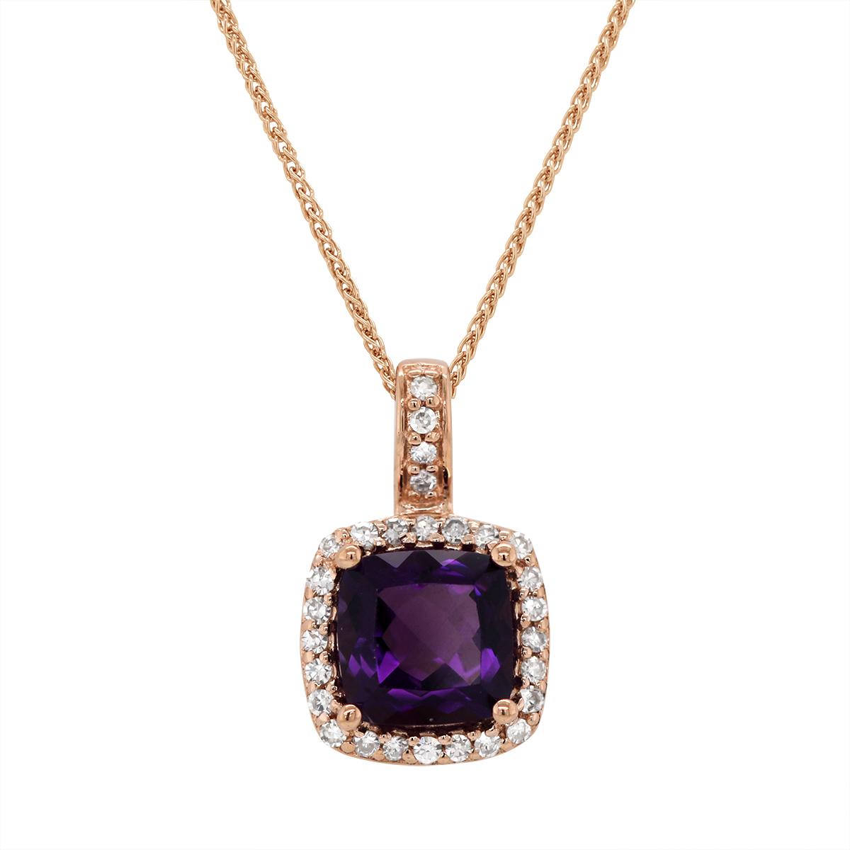ROSE GOLD CUSHION AMETHYST PENDANT WITH DIAMOND HALO, .11 CT TW