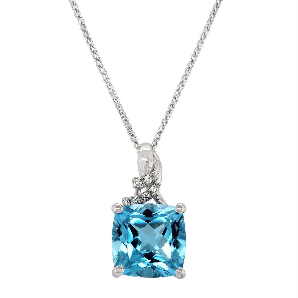 WHITE GOLD CUSHION BLUE TOPAZ PENDANT WITH DIAMONDS, .02 CT TW