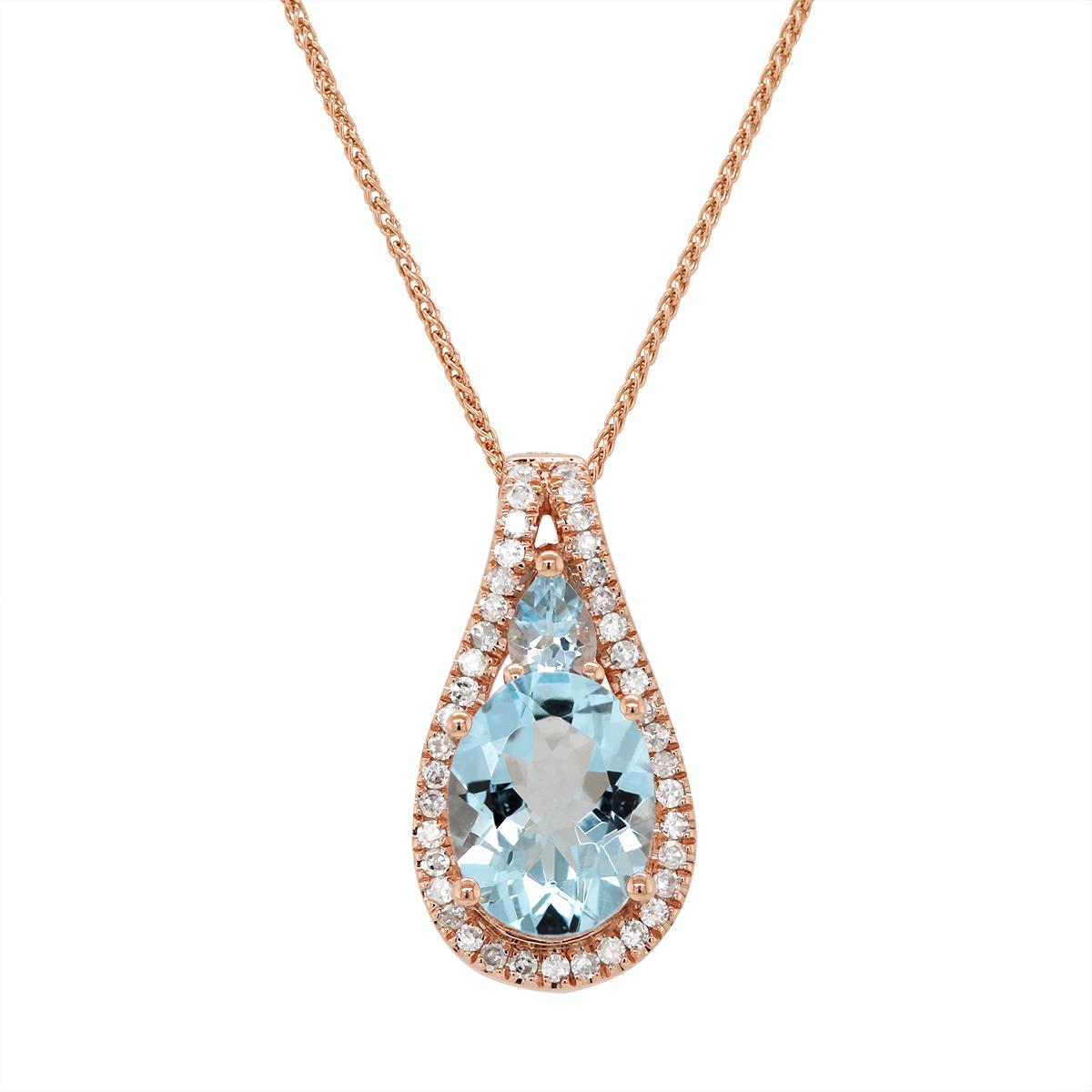 ROSE GOLD AQUAMARINE PENDANT WITH SIDE DIAMONDS, .17 CT TW
