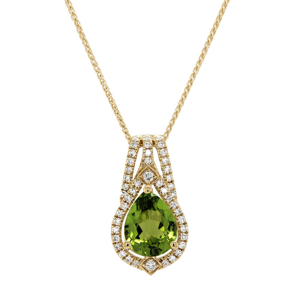 YELLOW GOLD PEAR PERIDOT AND DIAMOND PENDANT, .20 CT TW