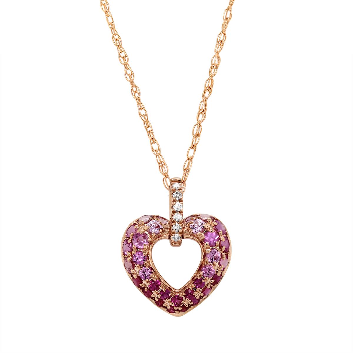ROSE GOLD HEART PENDANT WITH PINK SAPPHIRES AND DIAMONDS, .02 CT TW