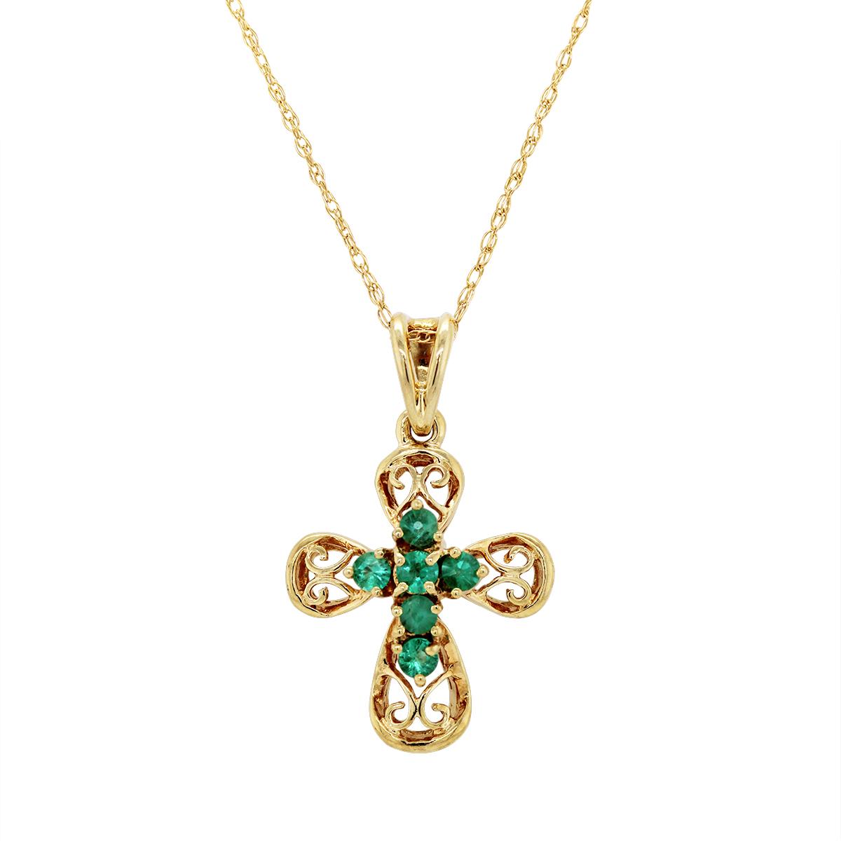 ORNATE YELLOW GOLD CROSS WITH ROUND EMERALDS