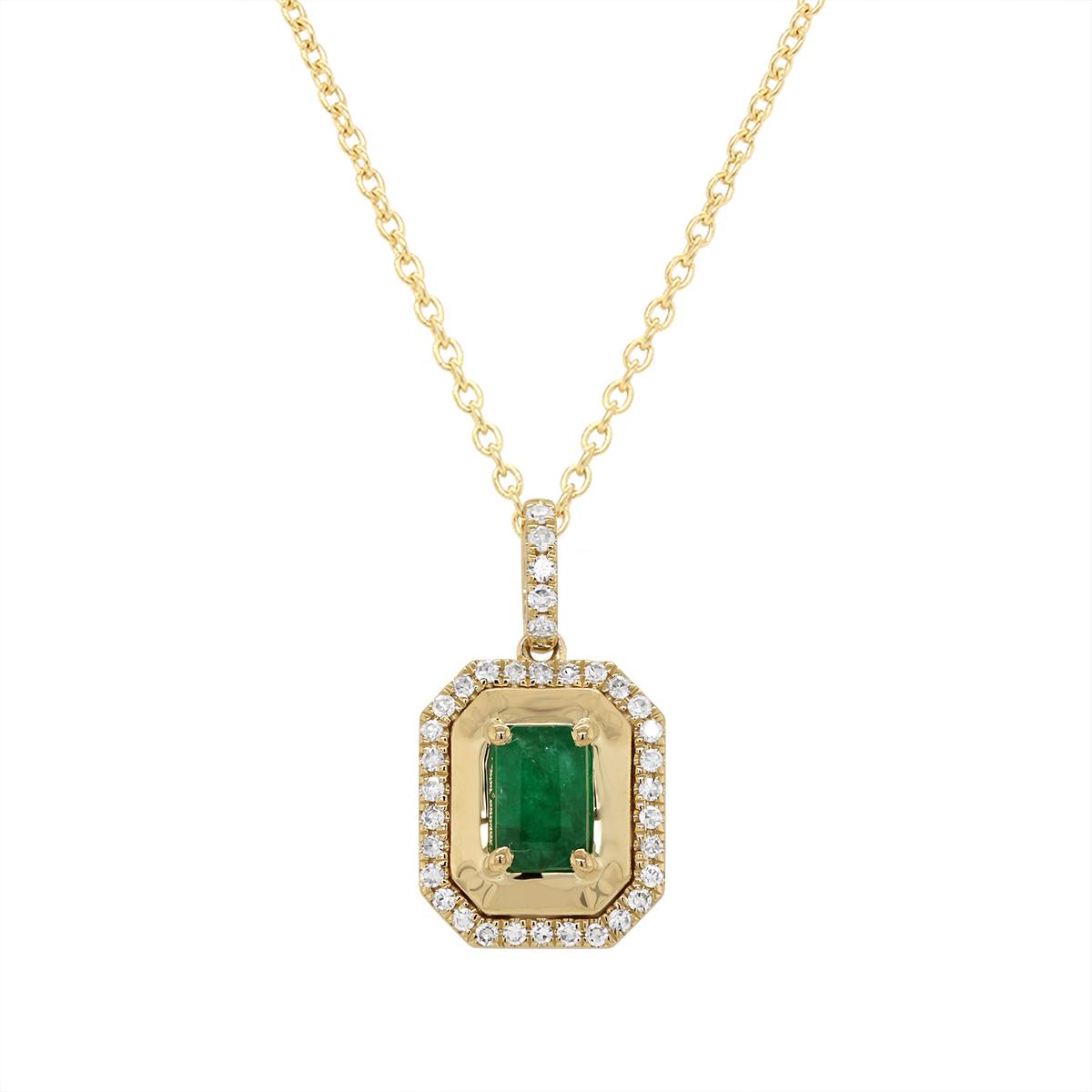 YELLOW GOLD EMERALD PENDANT WITH DIAMOND HALO, .15 CT TW
