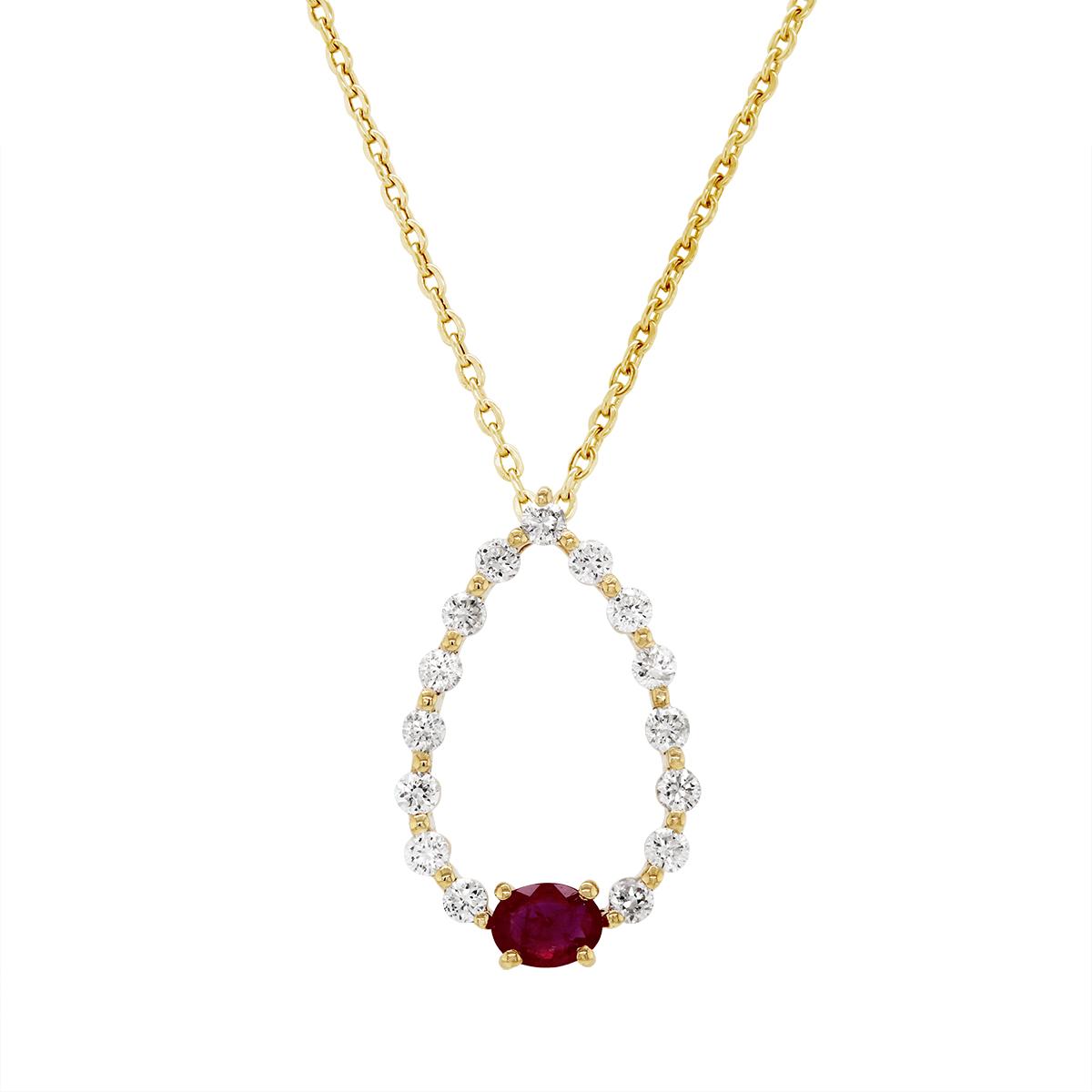YELLOW GOLD TEARDROP SHAPED PENDANT WITH RUBY AND DIAMONDS, .26 CT TW