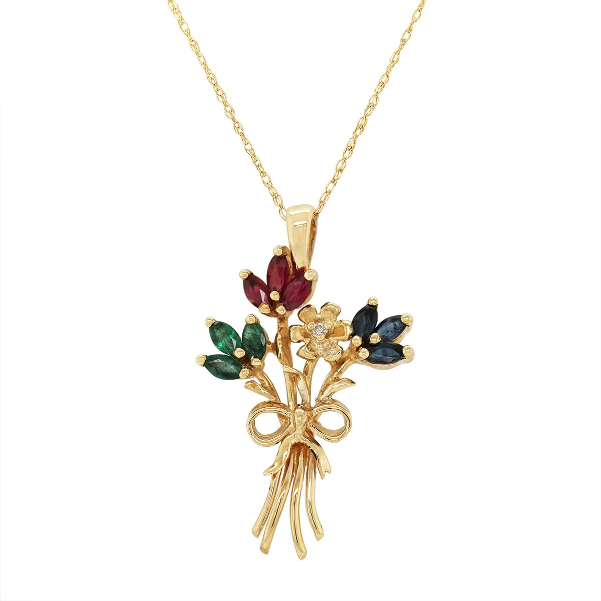 YELLOW GOLD AND GEMSTONE FLOWER BOUQUET PENDANT, .01 CT