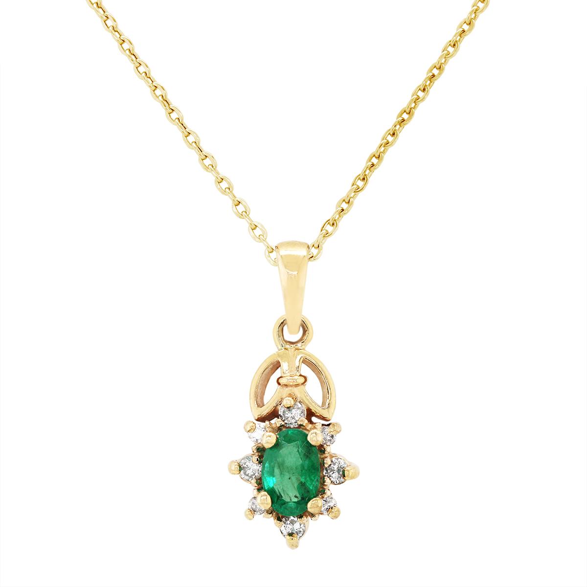 VINTAGE STYLE GOLD OVAL EMERALD AND DIAMOND PENDANT, 1/10 CT TW