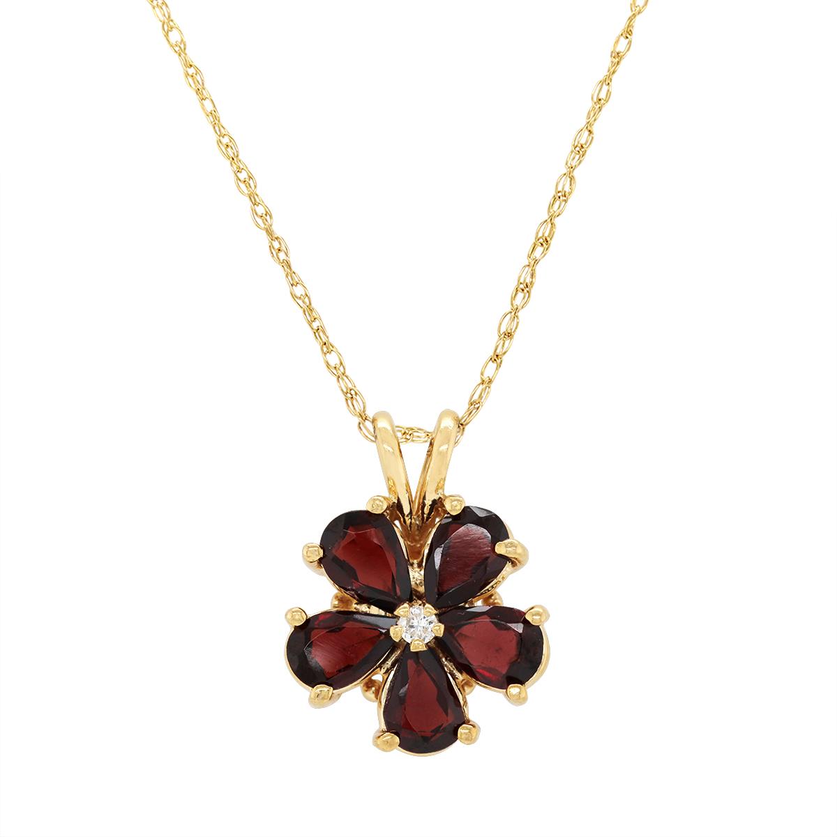 YELLOW GOLD FLORAL GARNET AND DIAMOND PENDANT, .03 CT