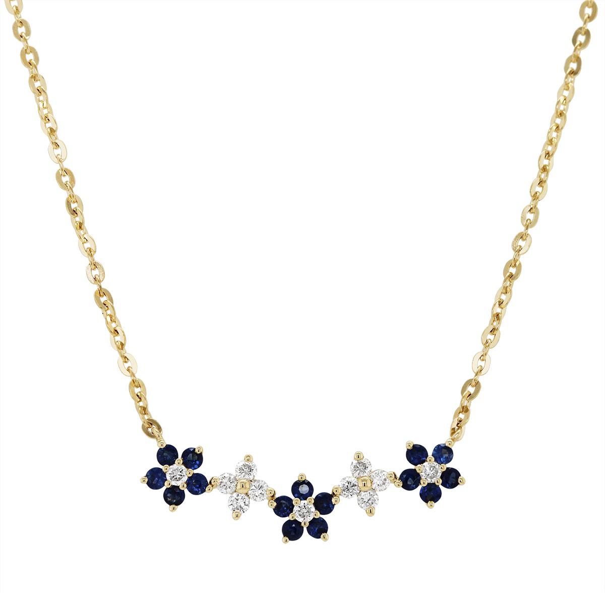 YELLOW GOLD SAPPHIRE AND DIAMOND FLOWER NECKLACE, .16 CT TW