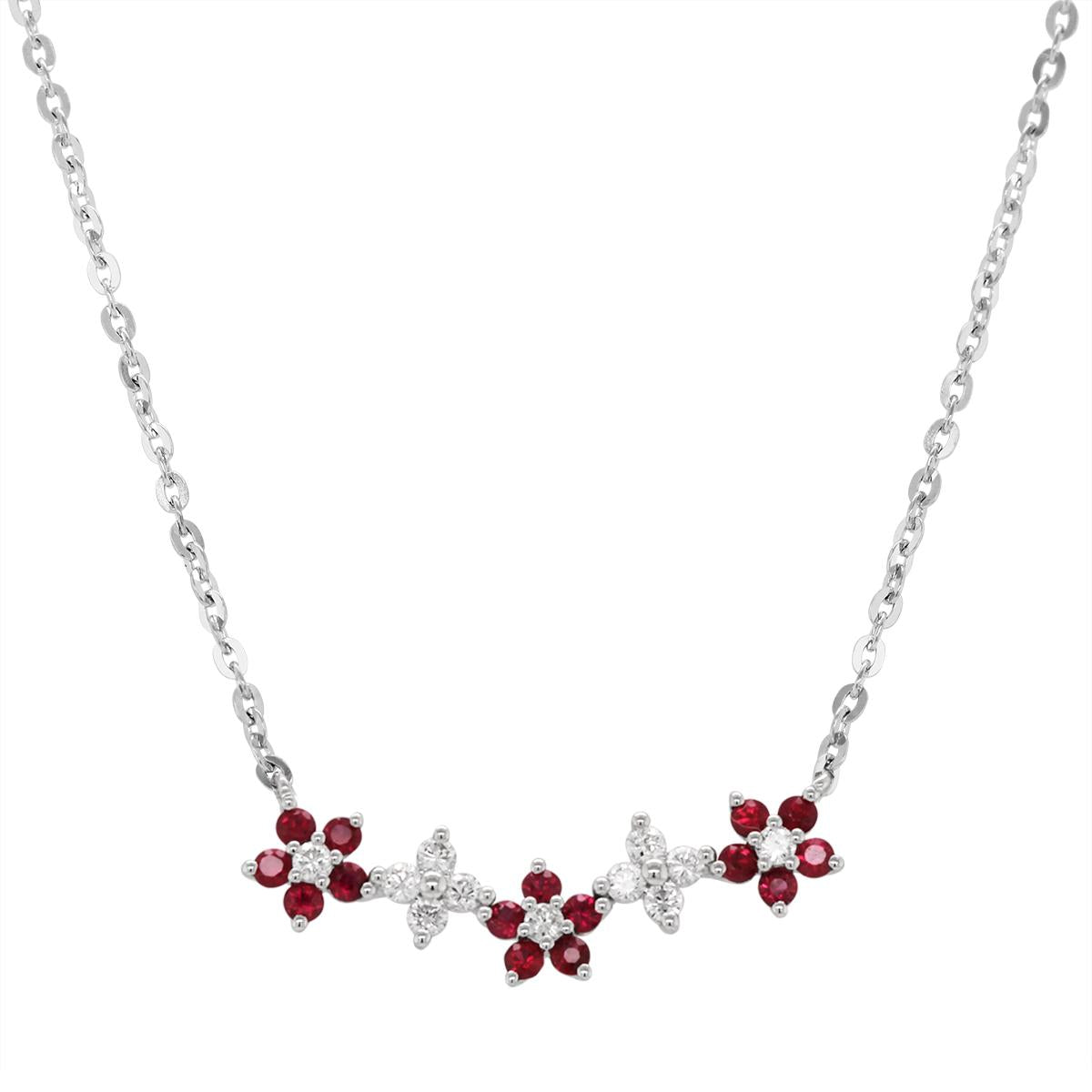 WHITE GOLD RUBY AND DIAMOND FLOWER NECKLACE, .16 CT TW