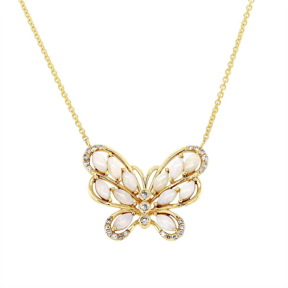 YELLOW GOLD OPAL AND DIAMOND BUTTERFLY PENDANT, 1/10 CT TW