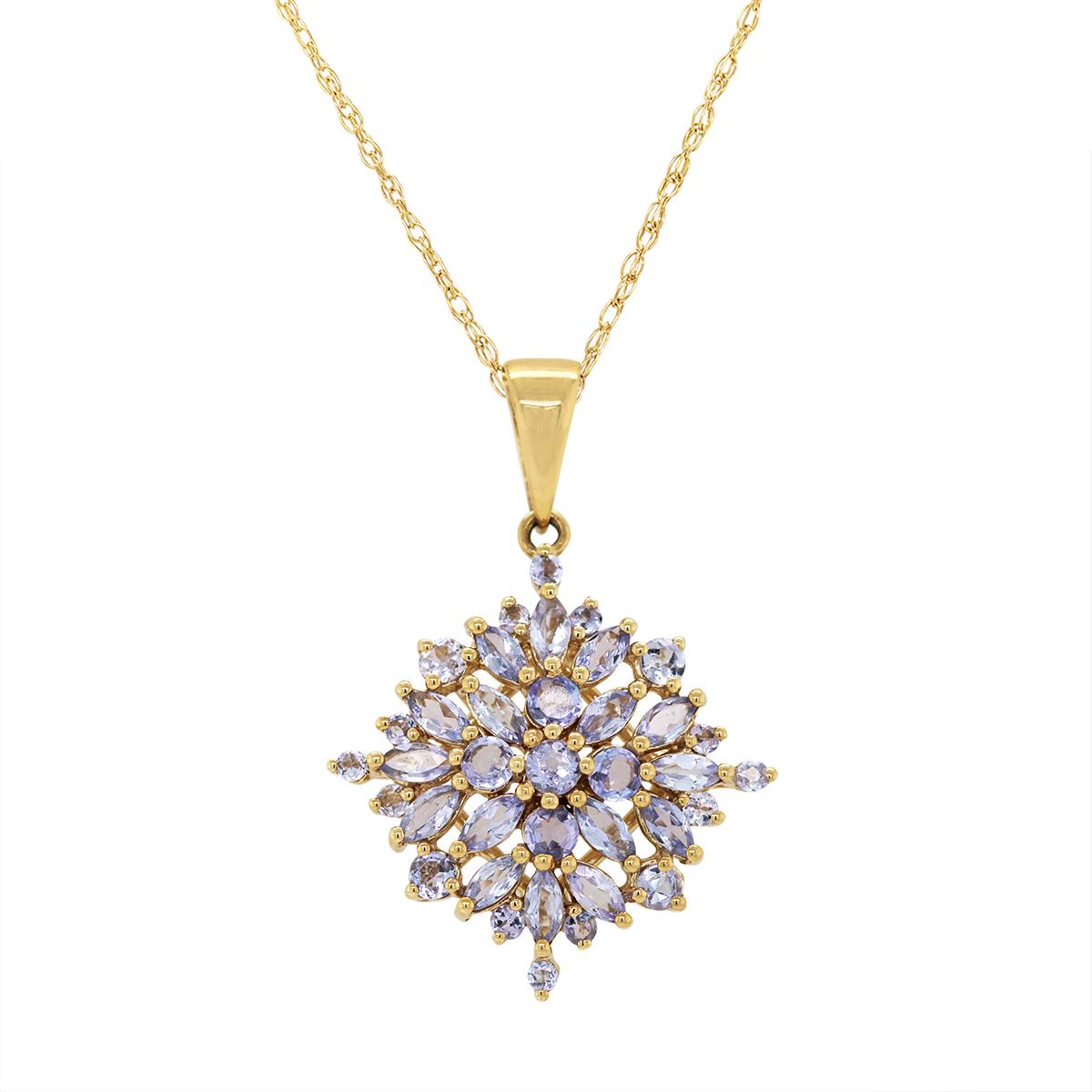 YELLOW GOLD TANZANITE CLUSTER PENDANT NECKLACE