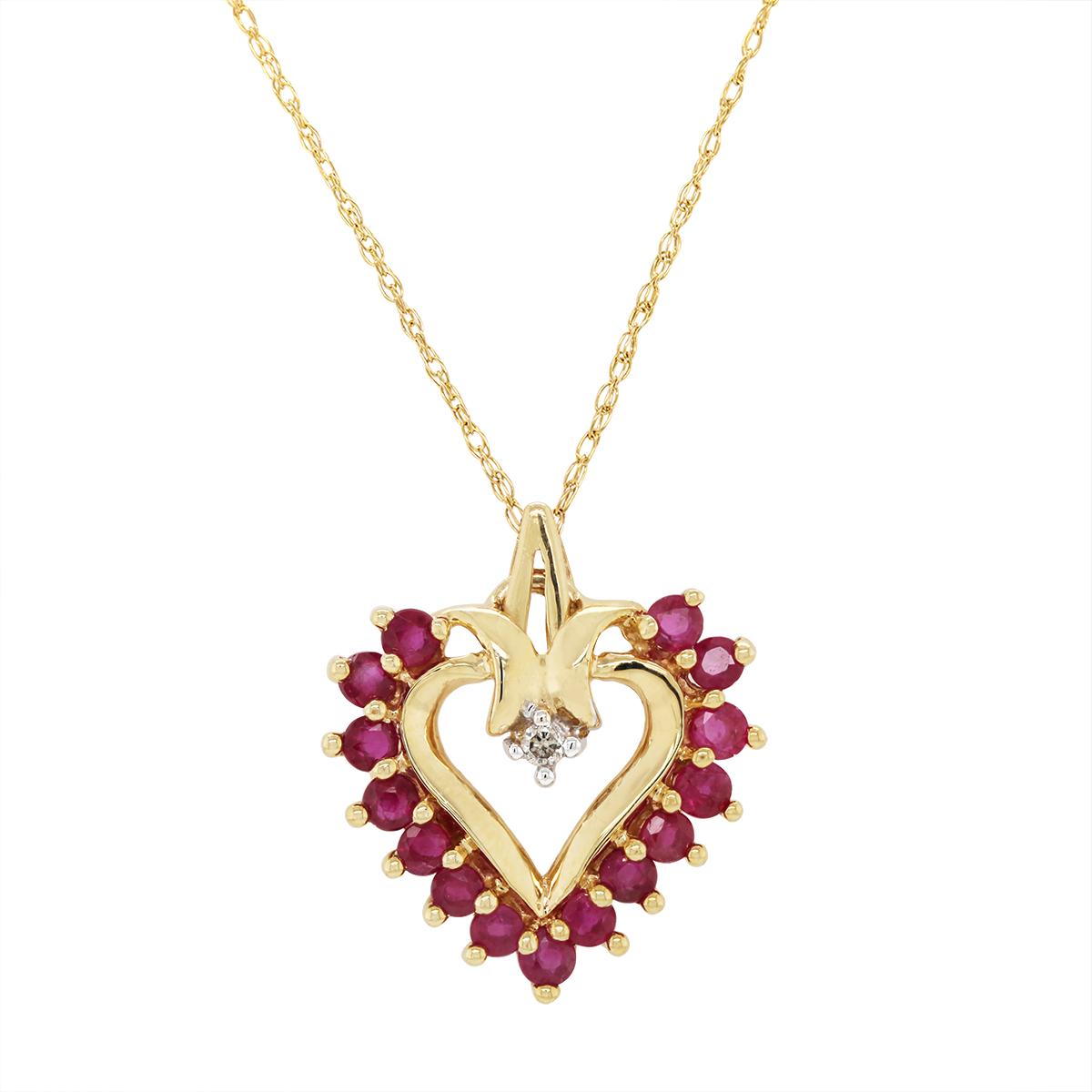 YELLOW GOLD HEART SHAPED PENDANT WITH RUBIES AND A .01 CT DIAMOND