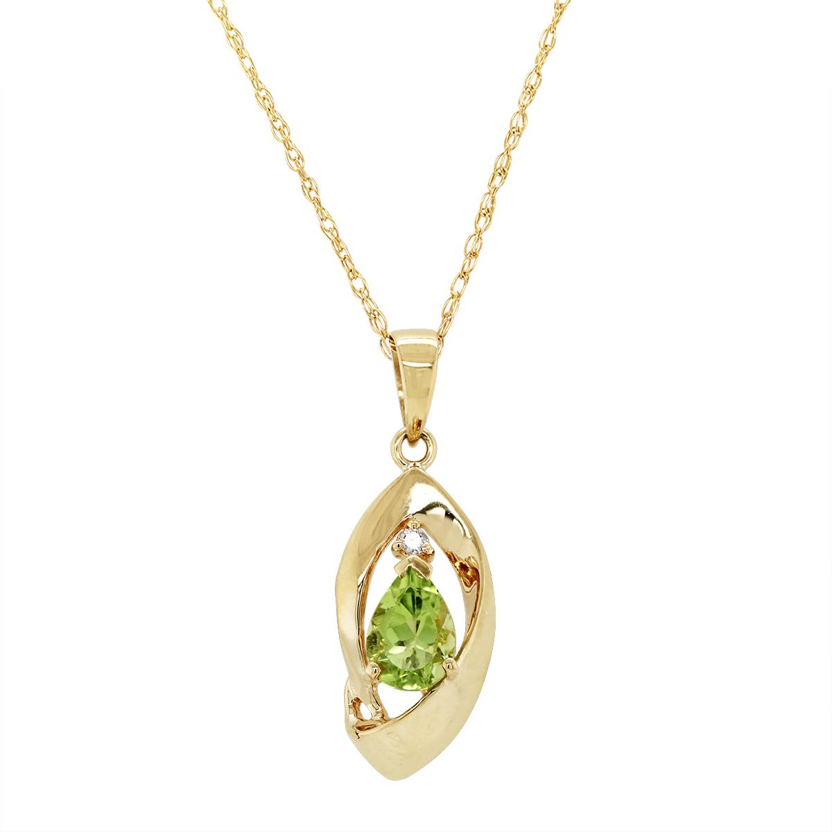 YELLOW GOLD PEAR PERIDOT AND ROUND DIAMOND PENDANT, 1/10 CT