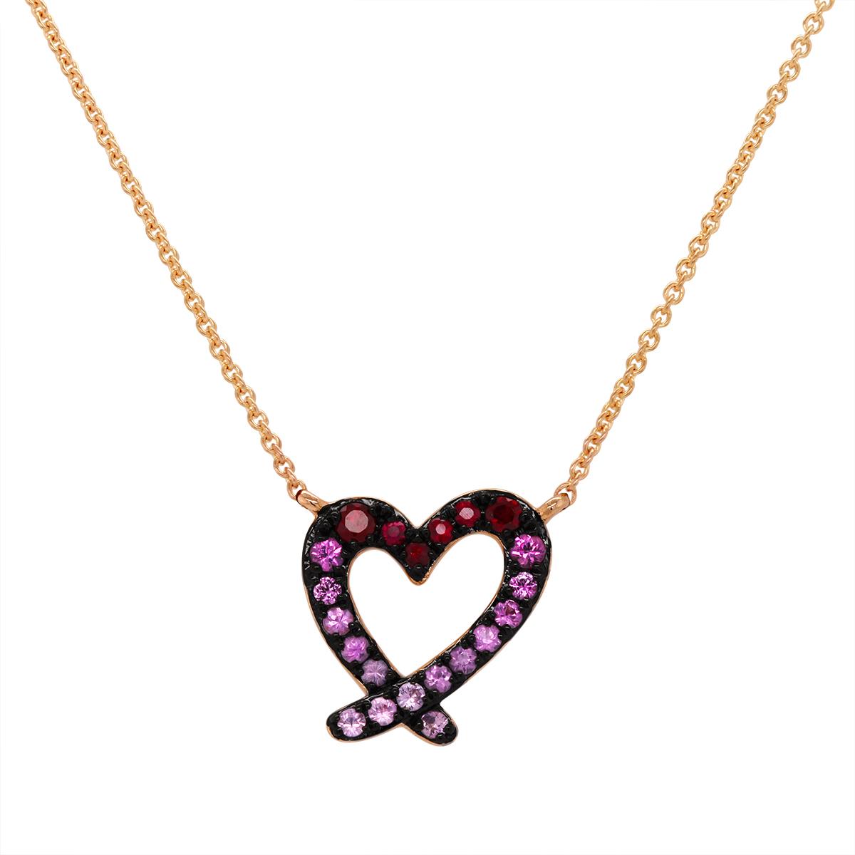 ROSE GOLD RUBY AND PINK SAPPHIRE OPEN HEART PENDANT NECKLACE
