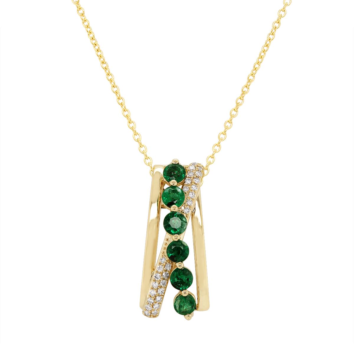 YELLOW GOLD EMERALD AND DIAMOND PENDANT, .08 CT TW