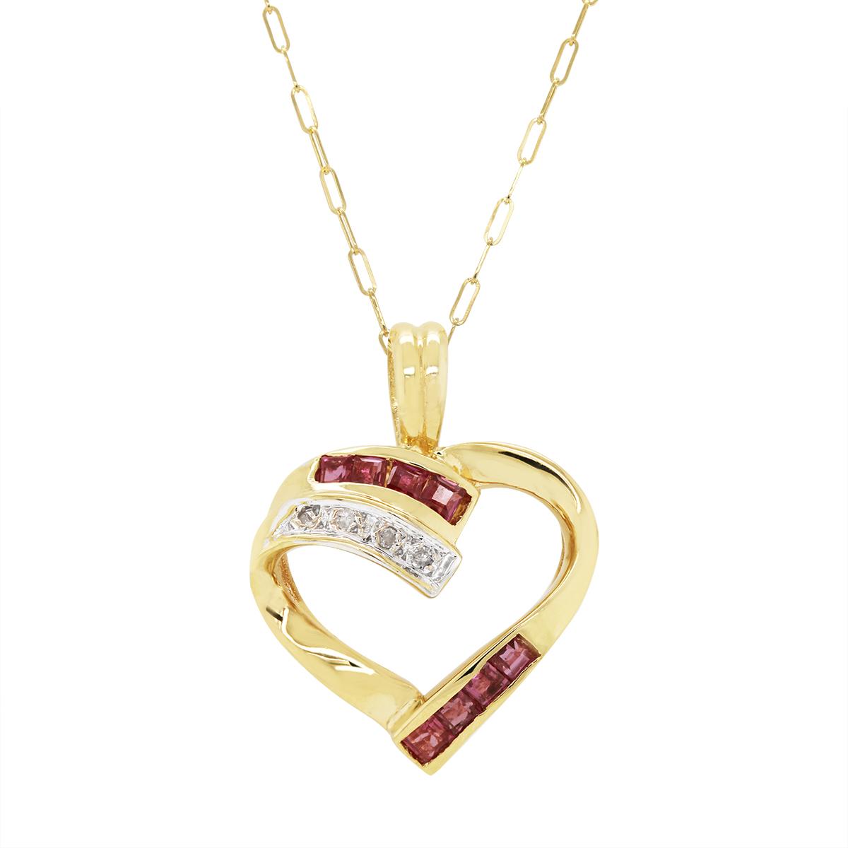YELLOW GOLD RUBY AND DIAMOND HEART PENDANT, 1/10 CT TW