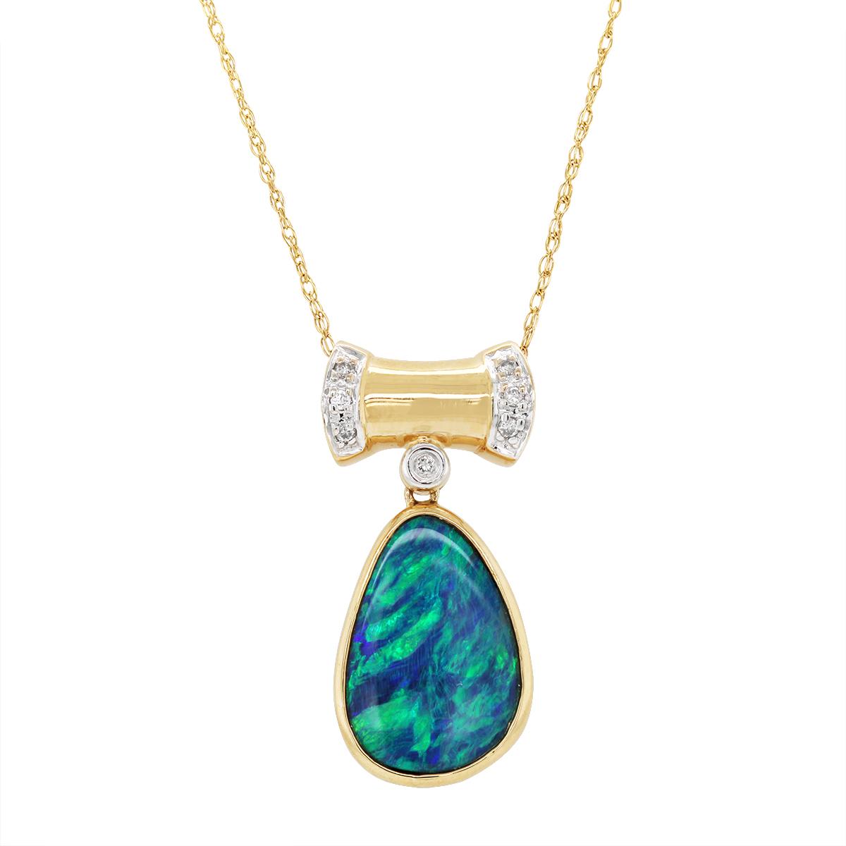YELLOW GOLD OPAL AND DIAMOND PENDANT NECKLACE, 1/10 CT TW