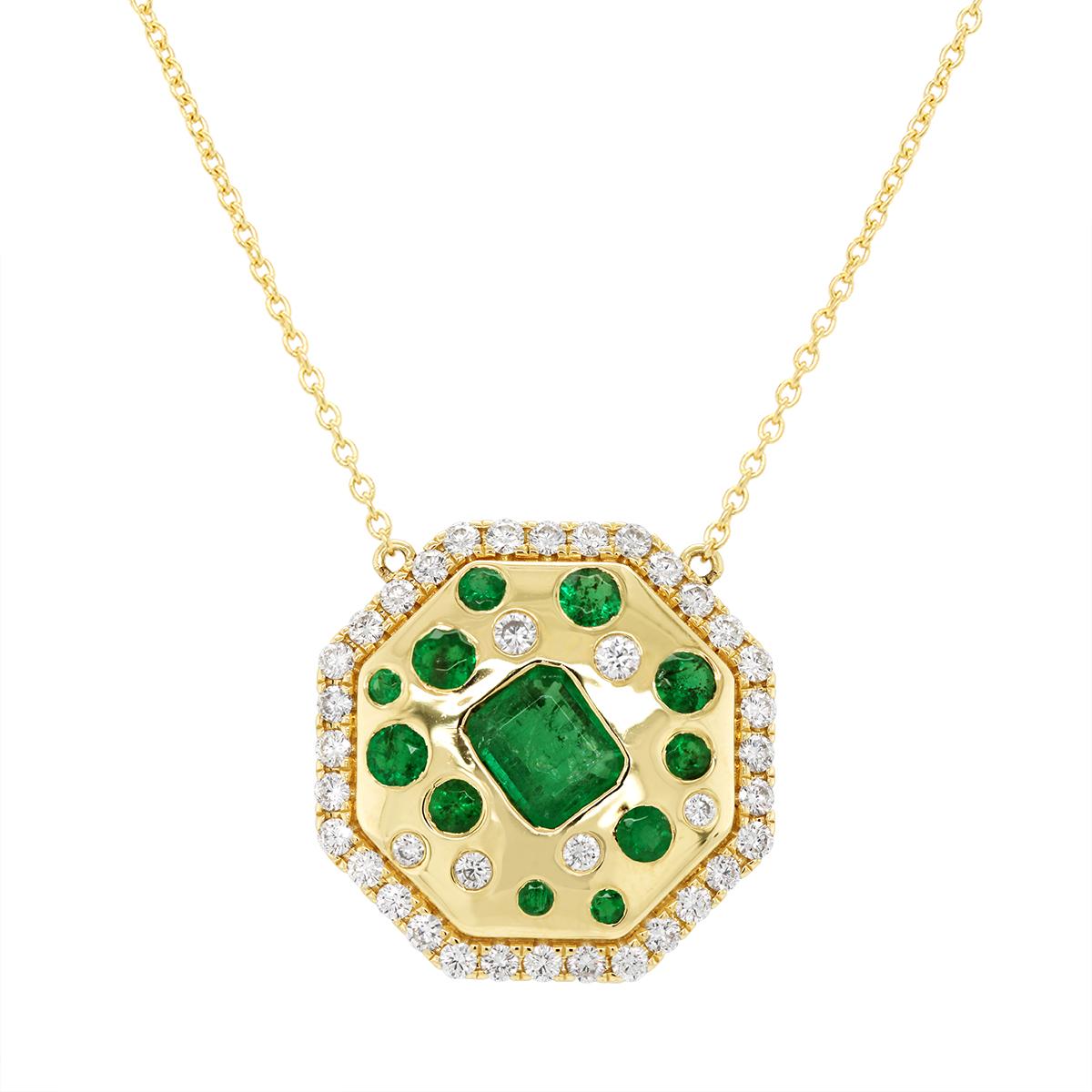 YELLOW GOLD EMERALD AND DIAMOND PENDANT NECKLACE, .53 CT TW