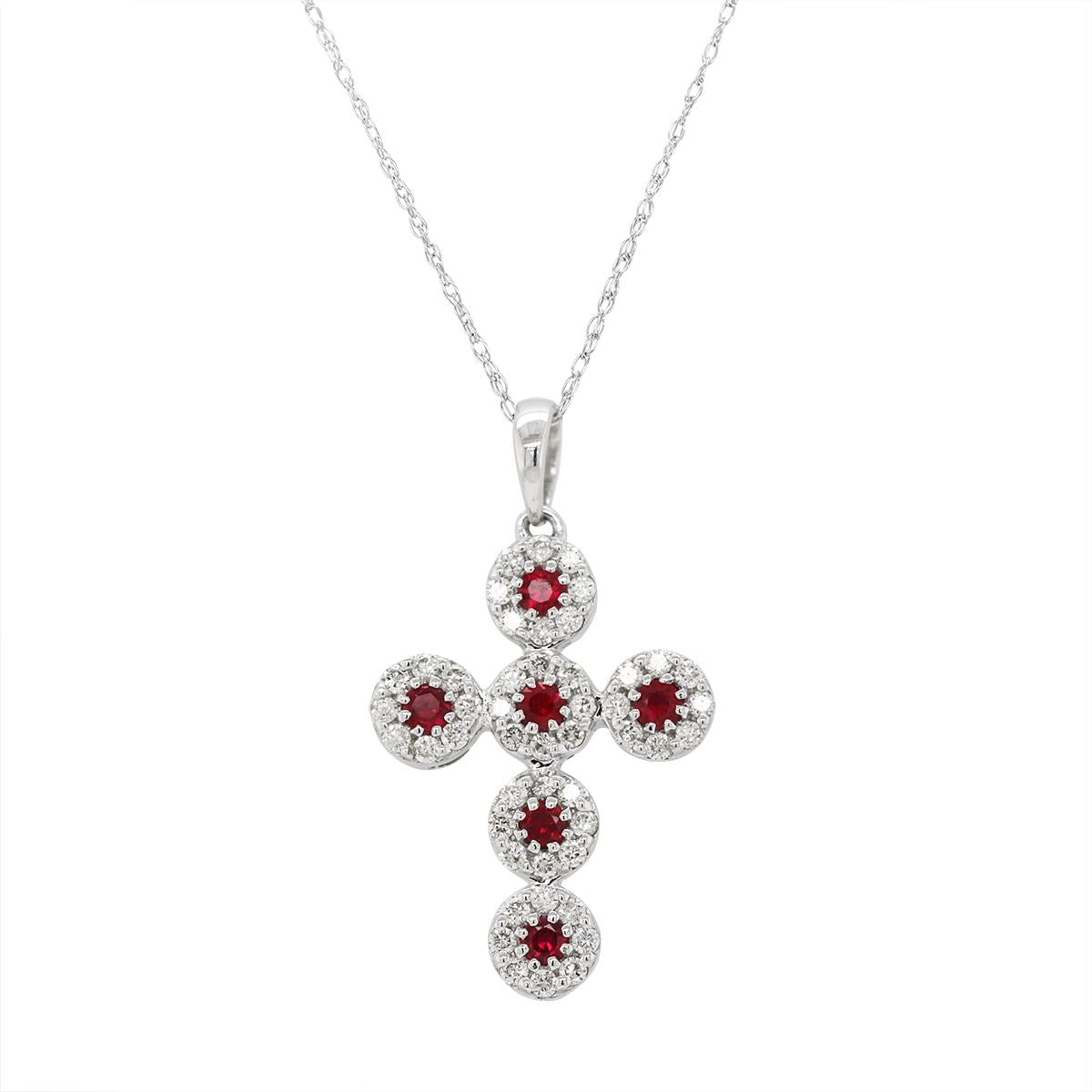 WHITE GOLD RUBY AND DIAMOND CROSS, .28 CT TW
