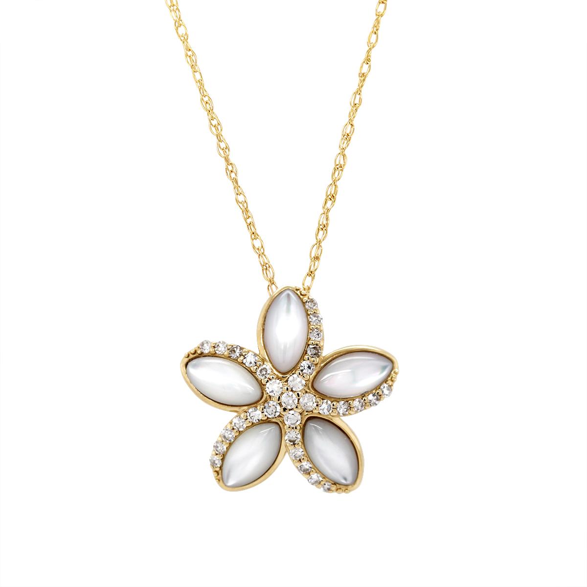 GOLD MOTHER OF PEARL FLOWER PENDANT WITH DIAMONDS, .17 CT TW