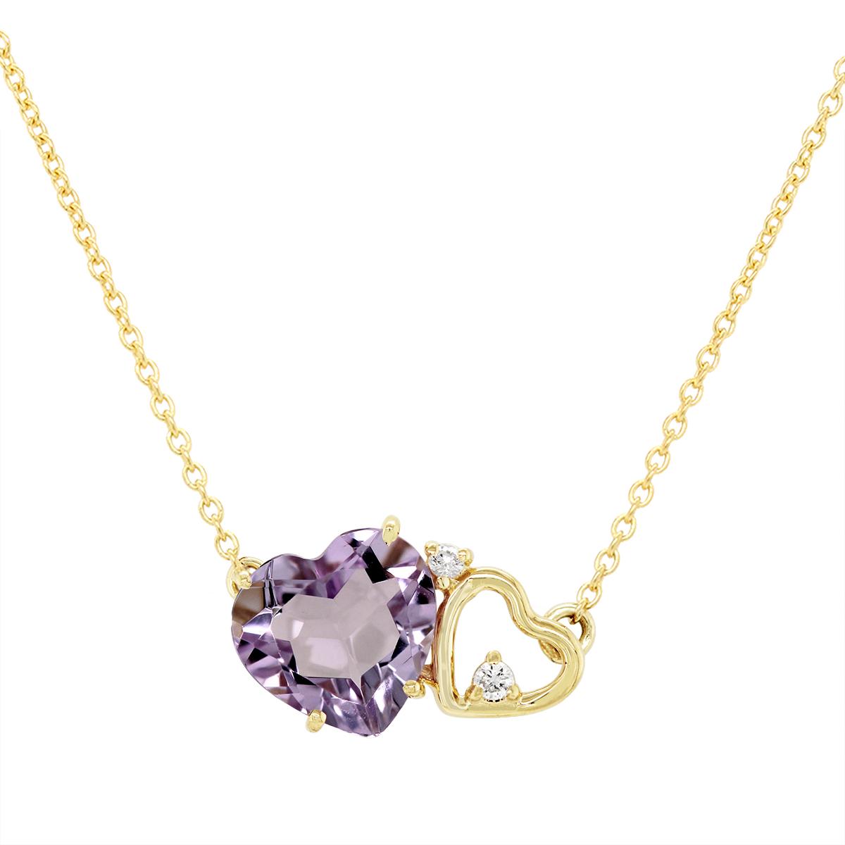 GOLD DOUBLE HEART PENDANT WITH AMETHYST AND DIAMONDS, .02 CT TW