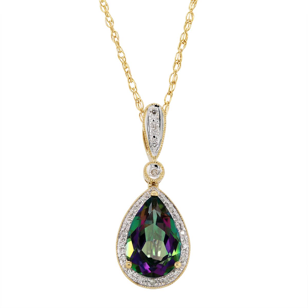 GOLD PEAR SHAPED MYSTIC TOPAZ PENDANT WITH DIAMONDS, 1/10 CT TW