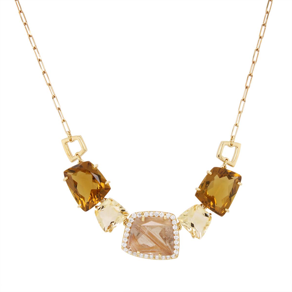 YELLOW GOLD MULTICOLORED GEMSTONE AND DIAMOND NECKLACE, .32 CT TW