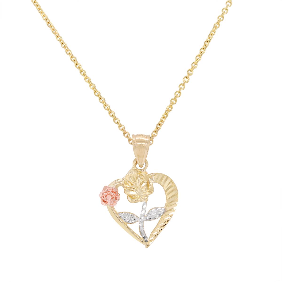 TRI-TONE GOLD ROSE AND HEART CHARM PENDANT