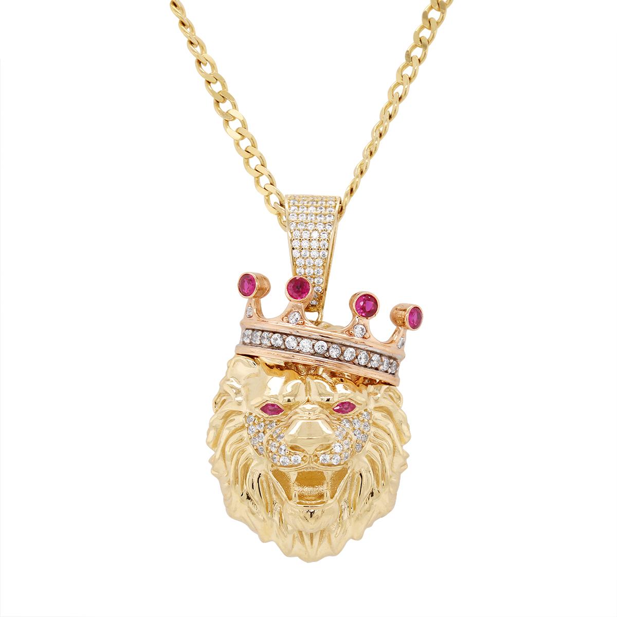 YELLOW GOLD LION HEAD WITH CUBIC ZIRCONIA AND RED STONES