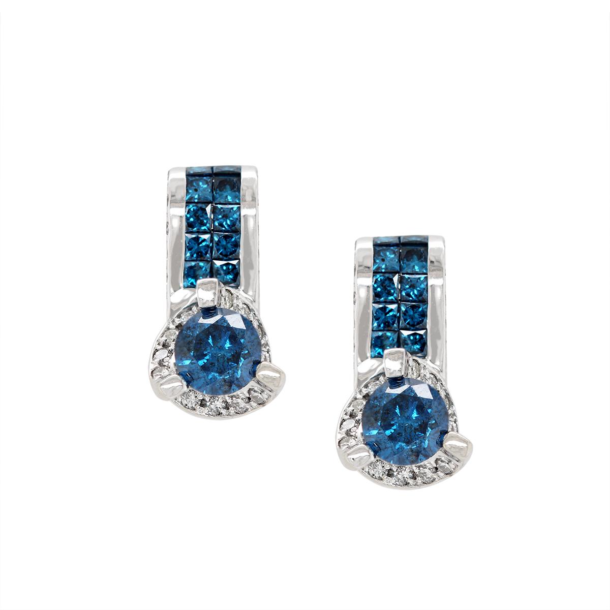 WHITE GOLD BLUE AND WHITE DIAMOND DANGLE EARRINGS, 1.00 CT TW